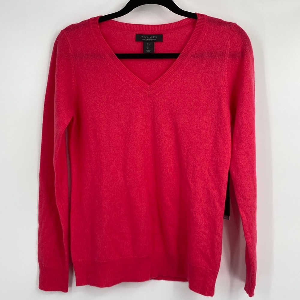 Tahari Hot Pink 100% 2-Ply Cashmere V Neck Sweater